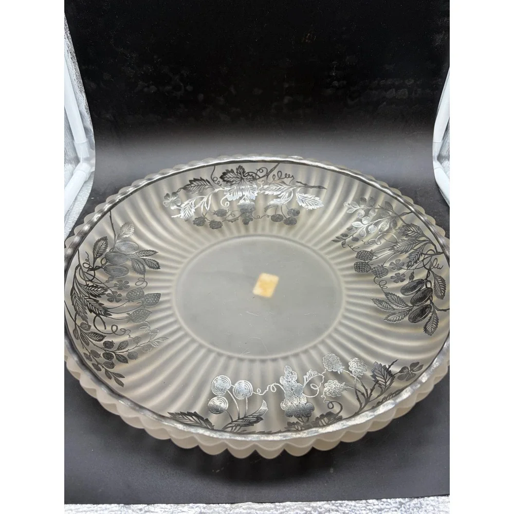 Vintage Frosted Glass‎ Bowl Silver Overlay Berry Vine Scalloped Ribbed Serving